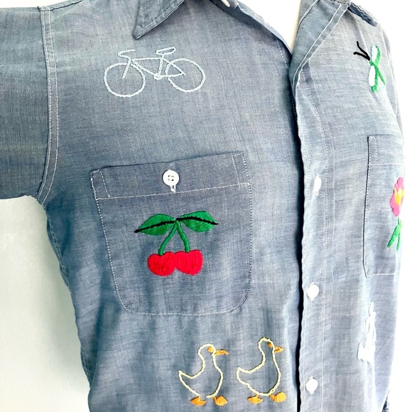 Vintage 70’s embroidered chambray button down novelty shirt top blouse workwear - Picture 6 of 11